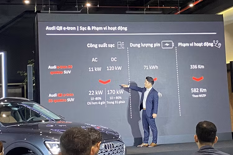 Bộ pin của Q8 e-tron dung lượng 114 kWh, cho quãng đường di chuyển lên đến 582km sau 1 lần sạc (WLTP). Đạt được quãng đường di chuyển này, Audi đã tối ưu hoá năng lượng với công nghệ kiểm soát năng lượng thế hệ mới, hệ số cản gió thấp với 0,27cd.