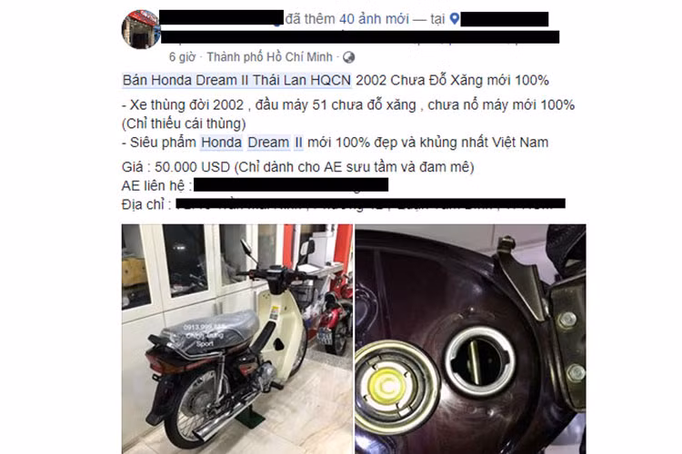 Mới đây, trên mạng xã hội bất ngờ và "sốc" trước thông tin một dân chơi Sài Gòn rao bán chiéc xe máy Honda Dream II Thái Lan chưa lăn bánh với giá 50.000 USD (khoảng hơn 1,2 tỷ đồng). Theo quảng cáo của người bán xe, chiếc Honda Dream II nhập khẩu Thái Lan này được sản xuất vào năm 2002 trong tình trạng chưa đổ xăng cũng như nổ máy.