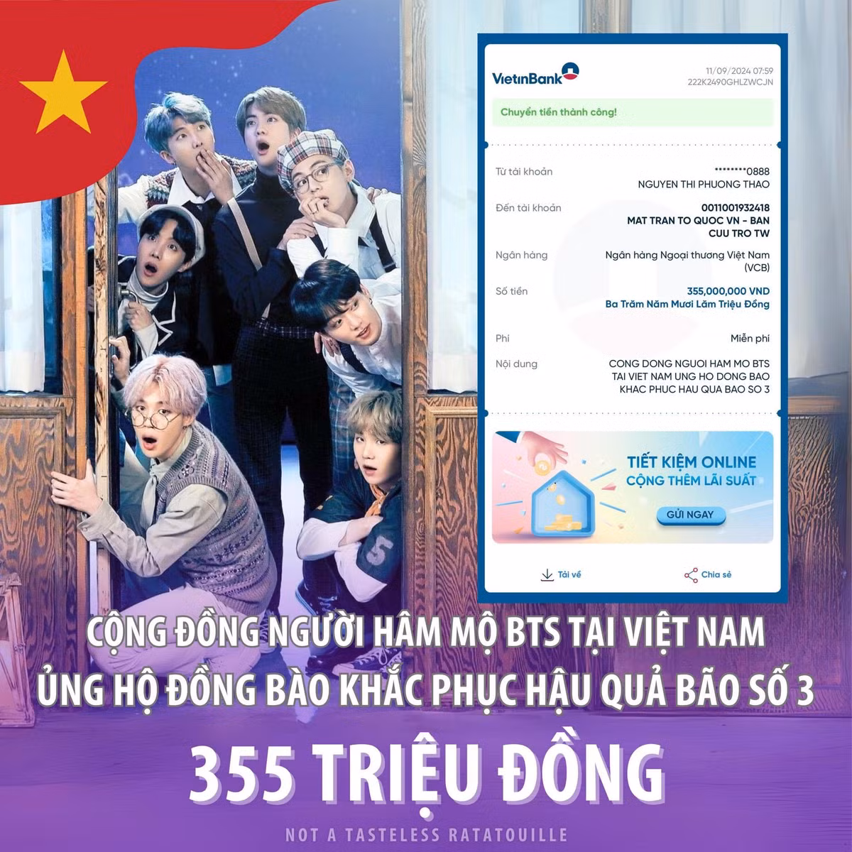 ARMY VIỆT NAM - Cộng đồng fan nhóm nhạc BTS ủng hộ đồng bào khắc phục bão 355 triệu đồng.
