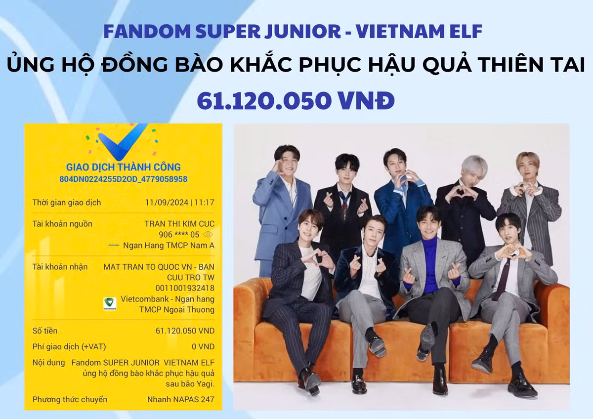 Liên minh V-ELF - fandom của Super Junior ủng hộ ủng hộ 61.120.050 VNĐ tới MTTQ Việt Nam nhằm khắc phục hậu quả bão Yagi.