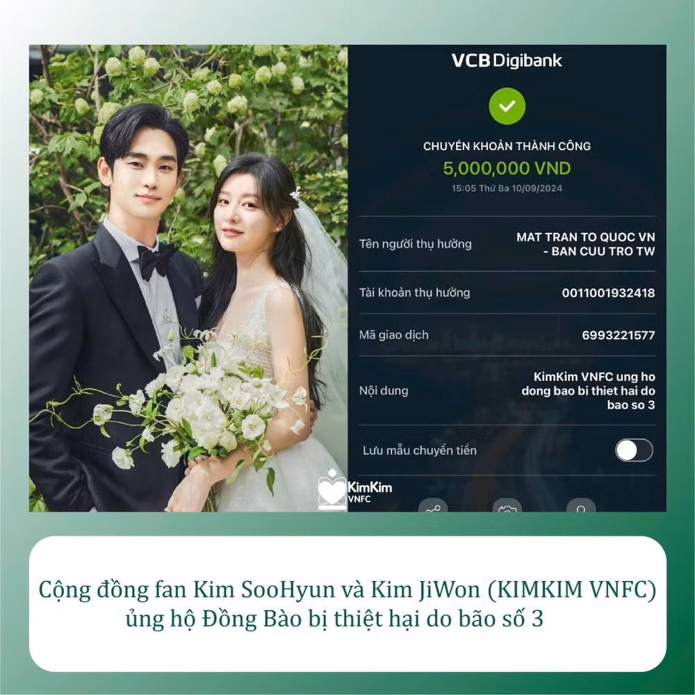 Cộng đồng fan diễn viên Kim Soo Hyun và Kim Ji Won ủng hộ người dân vùng bão lũ.