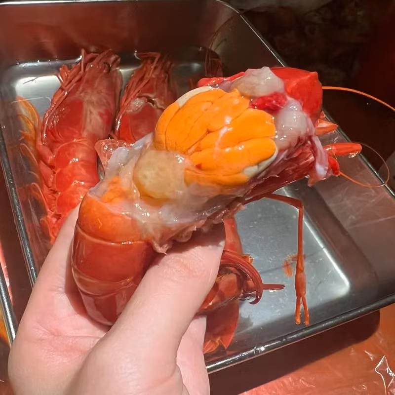 Phần thịt tôm hồng ăn bùi dẻo, mềm mại đan xen với vị ngọt đậm đà, phần gạch tôm béo ngậy. Ảnh: Royalegourmet
