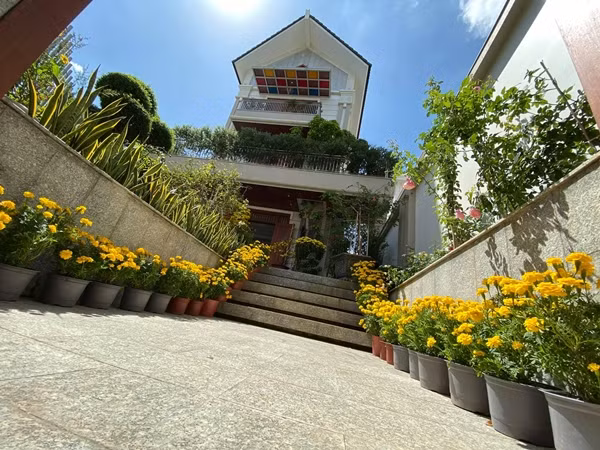 Doanh nhân Nguyễn Ngọc Tiền rất hài lòng về căn nhà của hai vợ chồng. Chị ghi lại những hình ảnh đẹp về khuôn viên ngoại thất với đủ các loại hoa lá và chia sẻ với người hâm mộ. Ảnh: FBNV
