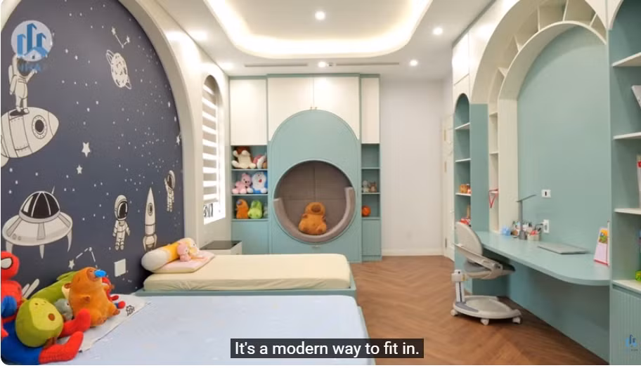 Phòng ngủ hiện đại dành cho các bạn nhỏ. Ảnh chụp màn hình NhaF
