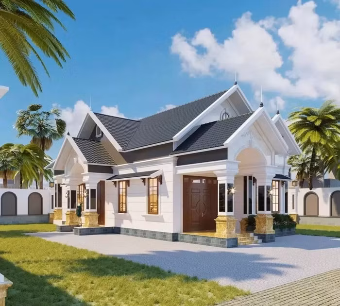 Nhà cấp 4 mái Thái mang phong cách tân cổ điển gồm 3 phòng ngủ, bố trí nhiều cây xanh xung quanh. Mặt tiền thiết kế mái vòm bán nguyệt đặc trưng của lối kiến trúc tân cổ điển. Ảnh: Vinavic
