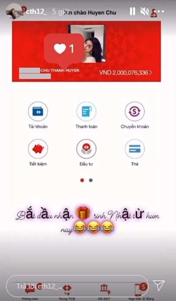 Tháng 8/2021, Chu Thanh Huyền từng để lộ số dư tài khoản lên tới hơn 2 tỷ đồng. Ảnh: FBNV