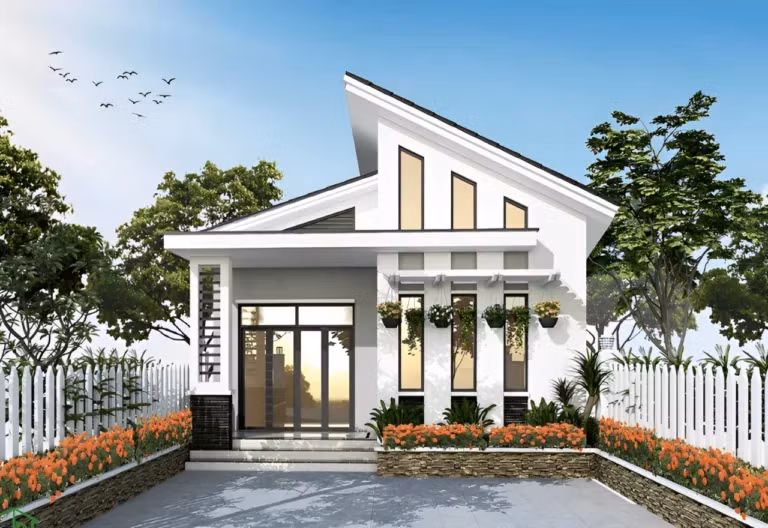 Nhà cấp 4 mái lệch nổi bật với thiết kế độc đáo và phá cách, tạo điểm nhấn trẻ trung. Phần mái bố trí lệch giúp thoát nước và tăng tính thẩm mỹ. Ảnh: Internet