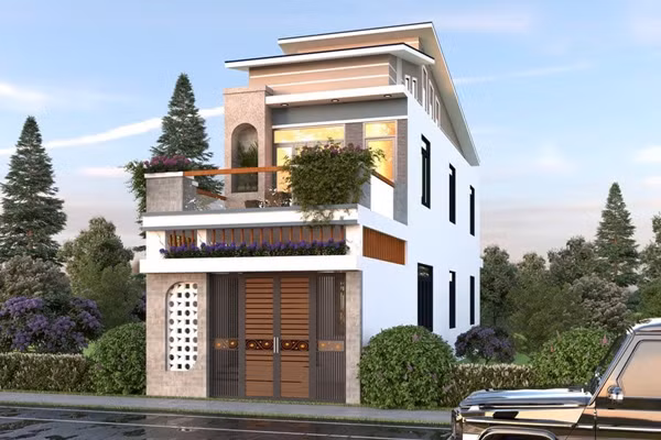 Nhà ống 2 tầng mái lệch tận dụng chiều sâu và chiều cao để mở rộng diện tích sử dụng. Sự kết hợp giữa cửa kính lớn và các mảng xanh xung quanh giúp không gian gần gũi với thiên nhiên. Ảnh: SBShouse