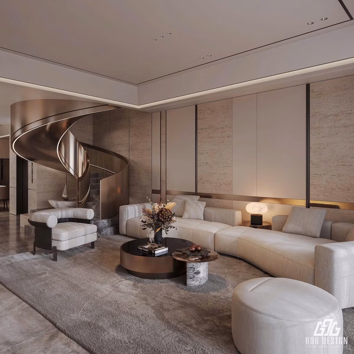 Phòng khách rộng, nổi bật với ghế sofa dài cùng bàn trà nhỏ nhắn. Cầu thang uốn lượn đẹp mắt. Ảnh: FB Đoàn Văn Hậu