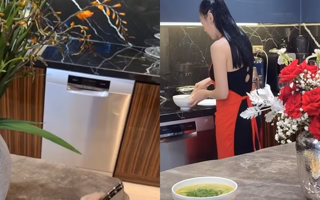 Khu bếp thiết kế tối giản, dát full đá phần đảo bếp và bàn nấu ăn, tạo cảm giác căn bếp luôn sáng bóng sạch sẽ. Ảnh: Chụp màn hình