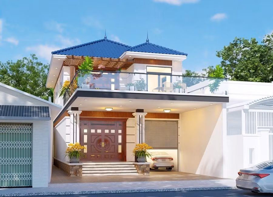Nhà 2 tầng mái Nhật có thiết kế gara tại tầng trệt đáp ứng nhu cầu sử dụng của những gia đình có xe ô tô. Ảnh: Neohouse