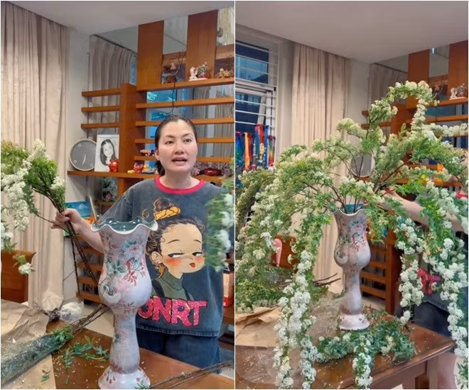 Ngọc Lan tự tay cắm bình hoa tiểu tú cầu trắng, kiểu dáng vòm buông rủ tự nhiên. Ảnh: FBNV