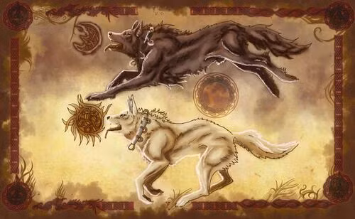 Skoll đuổi theo Mặt Trời trong khi Hati săn đuổi Mặt Trăng. Khi một trong hai thiên thể nằm trong tay chúng, hiện tượng nhật thực sẽ diễn ra.