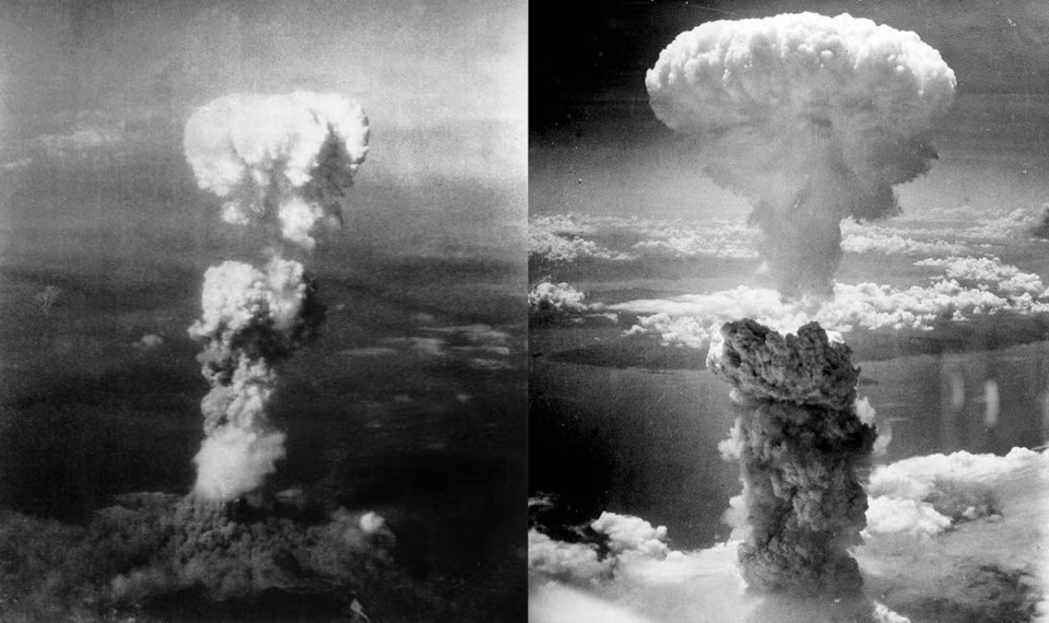 Bom "Little Boy (trái) phát nổ trên thành phố Hiroshima vào ngày 6/8/1945, "Fat Man" (phải) phát nổ ngày 9/8/1945. Ngày 15/8/1945, Nhật Bản tuyên bố đầu hàng, ký văn kiện chính thức vào ngày 2/9/1945, kết thúc Thế chiến II.