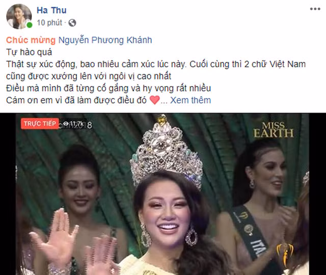 Hà Thu - đàn chị dự thi Hoa hậu Trái đất 2017 gửi lời chúc mừng đến Phương Khánh.