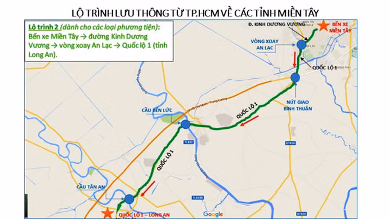 Lộ trình 2: Bến xe miền Tây -> đường Kinh Dương Vương -> vòng xoay An Lạc -> Quốc lộ 1 (tỉnh Long An).