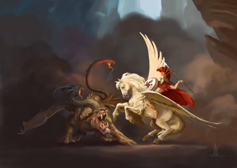 Nhờ đôi cánh của Pegasus, Bellerophon đã thoát được những đốm lửa từ miệng con quái vật.