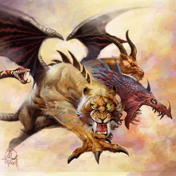 Theo thần thoại Hi Lạp, Chimera đã bị anh hùng Bellerophon tiêu diệt với sự giúp đỡ của ngựa thần Pegasus theo lệnh của vua xứ Lycia.