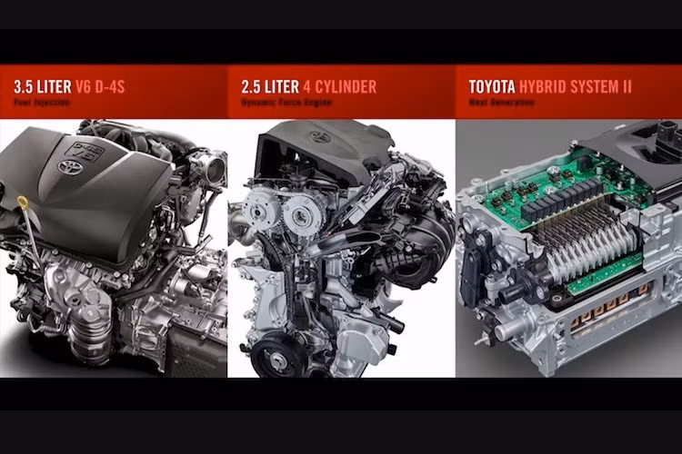 Trái với "trào lưu" tăng áp chung, Camry thế hệ thứ 8 vẫn tiếp tục sử dụng 2 loại động cơ xăng nạp khí tự nhiên là 4 xi-lanh thẳng hàng 2.5l và V6 3.5 lít với thông số chi tiết chưa được tiết lộ, kết hợp cùng hộp số tự động 8 cấp mới. Xe cũng có phiên bản hybrid sử dụng máy 2.5l kết hợp cùng hộp số tự động vô cấp CVT.