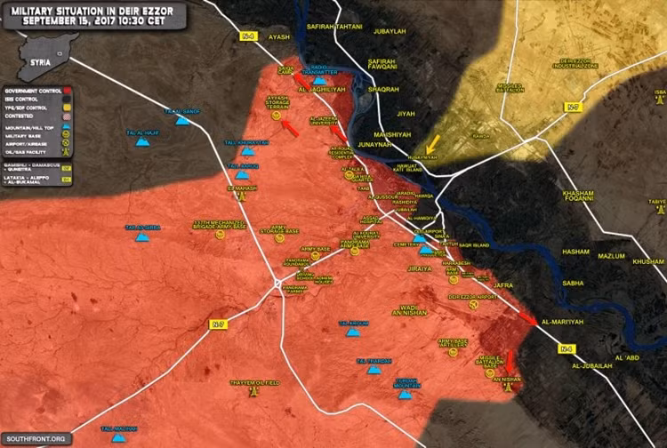 Ngày 15/9, Quân đội Syria giải phóng các khu vực Huwaijat và Muraieiah phía đông nam sân bay quân sự Deir Ezzor, tiến công đánh chiếm thị trấn Ayyash phía tây bắc thành phố Deir Ezzor. Bản đồ: Southfront