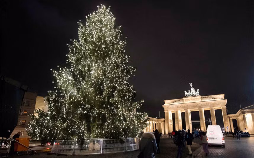 Cây thông Noel trước Cổng Brandenburg lịch sử của thủ đô Berlin.