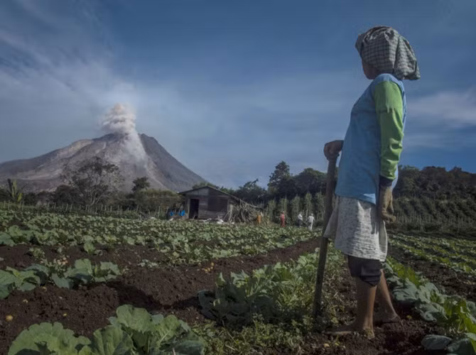 Một nữ nông dân ở huyện Karo lo ngại nhìn núi lửa Sinabung đang phun khói bụi lên trời vào ngày 4/6/2015.
