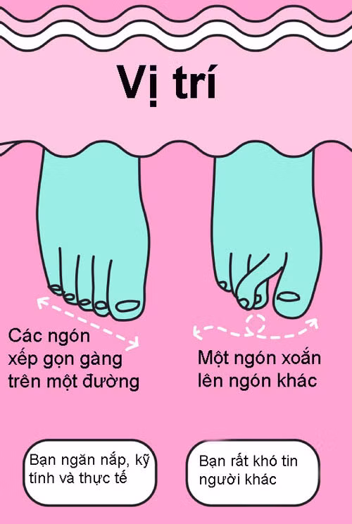 Nếu các ngón chân trên bàn chân bạn xếp gọn gàng trên một đường như hình vẽ bên trái, bạn là người ngăn nắp, kỹ tính và thực tế. Nếu có một ngón chân xoắn lên ngón khác, bạn là người rất khó tin người khác.