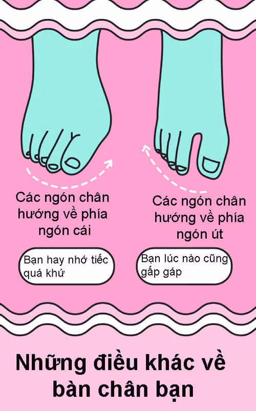 Nếu các ngón chân hướng về cùng phía với ngón cái, bạn là người hay nhớ tiếc quá khứ. Nếu các ngón chân hướng về phía ngón út, bạn lúc nào cũng trong tình trạng gấp gáp.