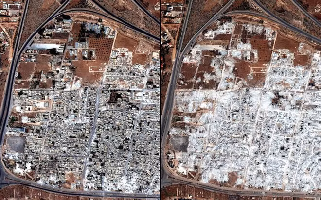 Thị trấn Masha al-Arbieen ở tỉnh Hama, Syria, trước (bên trái) và sau khi bị quân đội chính phủ Syria mở cuộc tấn công nhằm vào đây, xóa sổ gần như toàn bộ khu dân cư. Thị trấn được cho là nơi trú ẩn của các phần tử nổi dậy.