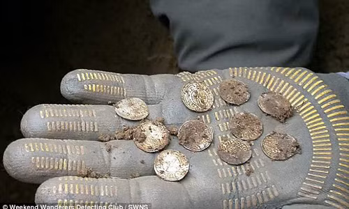 Ông Paul - người tìm thấy kho báu tiền cổ 1.000 năm tuổi đặt trên tay những đồng tiền giá trị đào được tại khu vực đất của mình.
