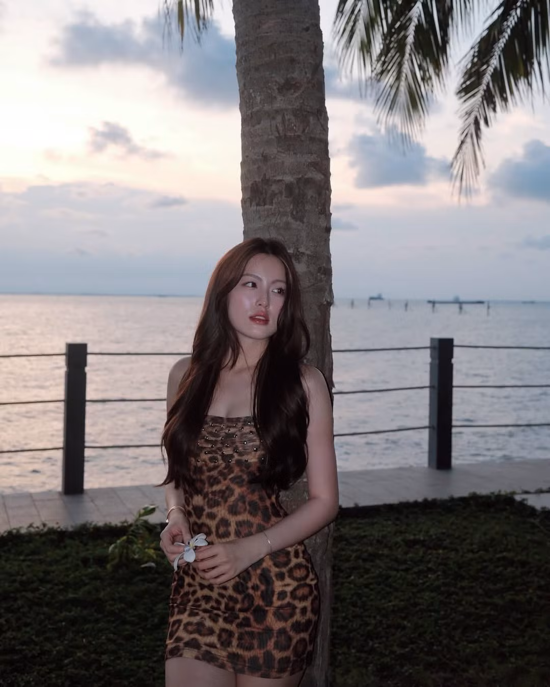 Trước đó, trong bộ ảnh ở góc máy tương tự, cô nàng lại hóa thân thành giao diện "gái hư" đầy ấn tượng với thiết kế váy ôm sát hai dây họa tiết da beo.