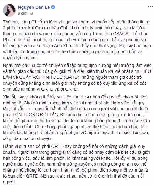 Đan Lê không đồng tình với cách trò chuyện của những người trong clip phỏng vấn Phạm Anh Khoa.