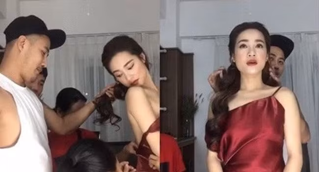 Một nữ nghệ sĩ chú trọng về mặt hình ảnh như Nhã Phương cũng có lúc gặp những pha "thót tim" về trang phục. Cô may mắn được ekip đưa vào hậu trường để cân chỉnh trang phục trong một sự kiện.