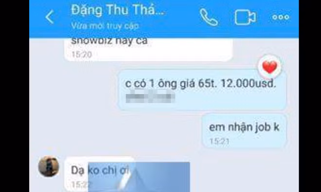 Tin nhắn trao đổi trên Zalo được cho là của Đặng Thu Thảo. Ảnh: Chụp màn hình.