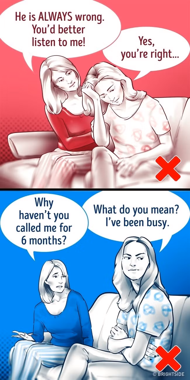 5. Bạn thường xuyên liên lạc với cha mẹ và người thân như thế nào? Tần suất liên lạc với cha mẹ và sự phụ thuộc của một người có thể đóng vai trò quyết định trong mối quan hệ của cặp vợ chồng. Luật sư ly hôn Carla Donnelly xác nhận rằng, có những người thực sự kết hôn vẫn còn ưu tiên nhu cầu của cha mẹ và người thân của họ hơn là lợi ích của vợ/chồng họ. Mặt khác, các mối quan hệ không tốt với cha mẹ có thể là một dấu hiệu cho thấy, người ấy có trạng thái tinh thần không ổn định. Những người này có thể không có khả năng duy trì mối quan hệ trong một thời gian dài và không biết làm thế nào để thỏa hiệp.