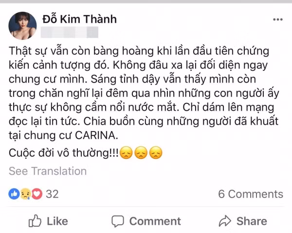 Sống ngay chung cư đối diện Carina Plaza, thành viên S-Girls chia sẻ cô thật sự bàng hoàng khi lần đầu chứng kiến vụ hỏa hoạn. Nhớ lại sự việc, Kim Thành không cầm được nước mắt và bày tỏ lòng tiếc thương, chia buồn cùng gia đình người đã khuất.