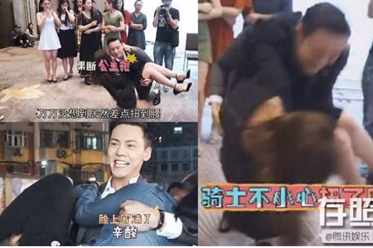 Trong "Phía nam có kiều mộc", Trần Vỹ Đình khó khăn để bế hai người đẹp là Bạch Bách Hà và Tần Hải Lộ. Dù đứng không vững nhưng anh chàng vẫn hài hước trả lời: "Thắt lưng tôi ổn, không sao hết".