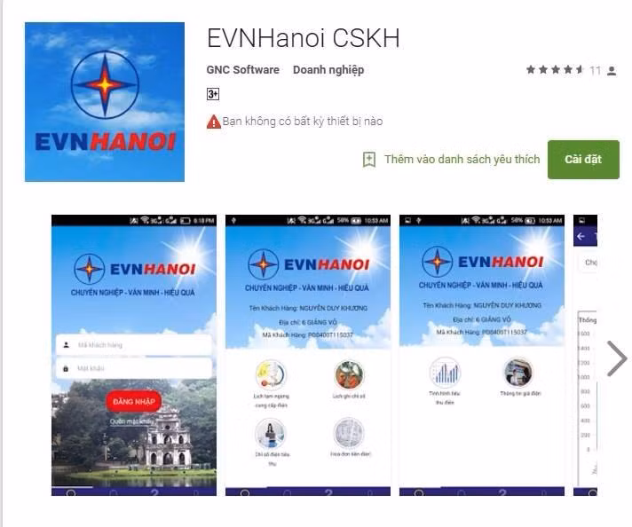 EVNHANOI: De dang tra cuu thong tin ve dien bang thiet bi di dong
